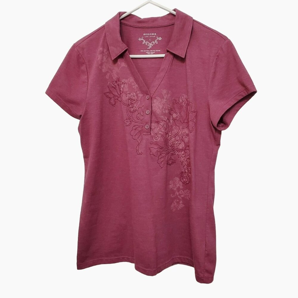 Sonoma Life + Style Women's Polo Shirt L Maroon Floral Embroidered Cotton blend
